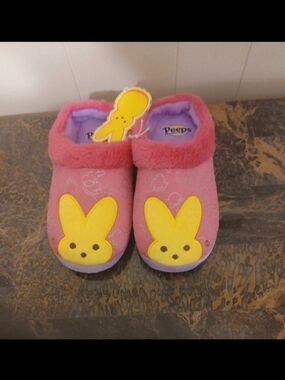 Peeps Kids Pink Plush Slippers with Yellow Bunny Accent